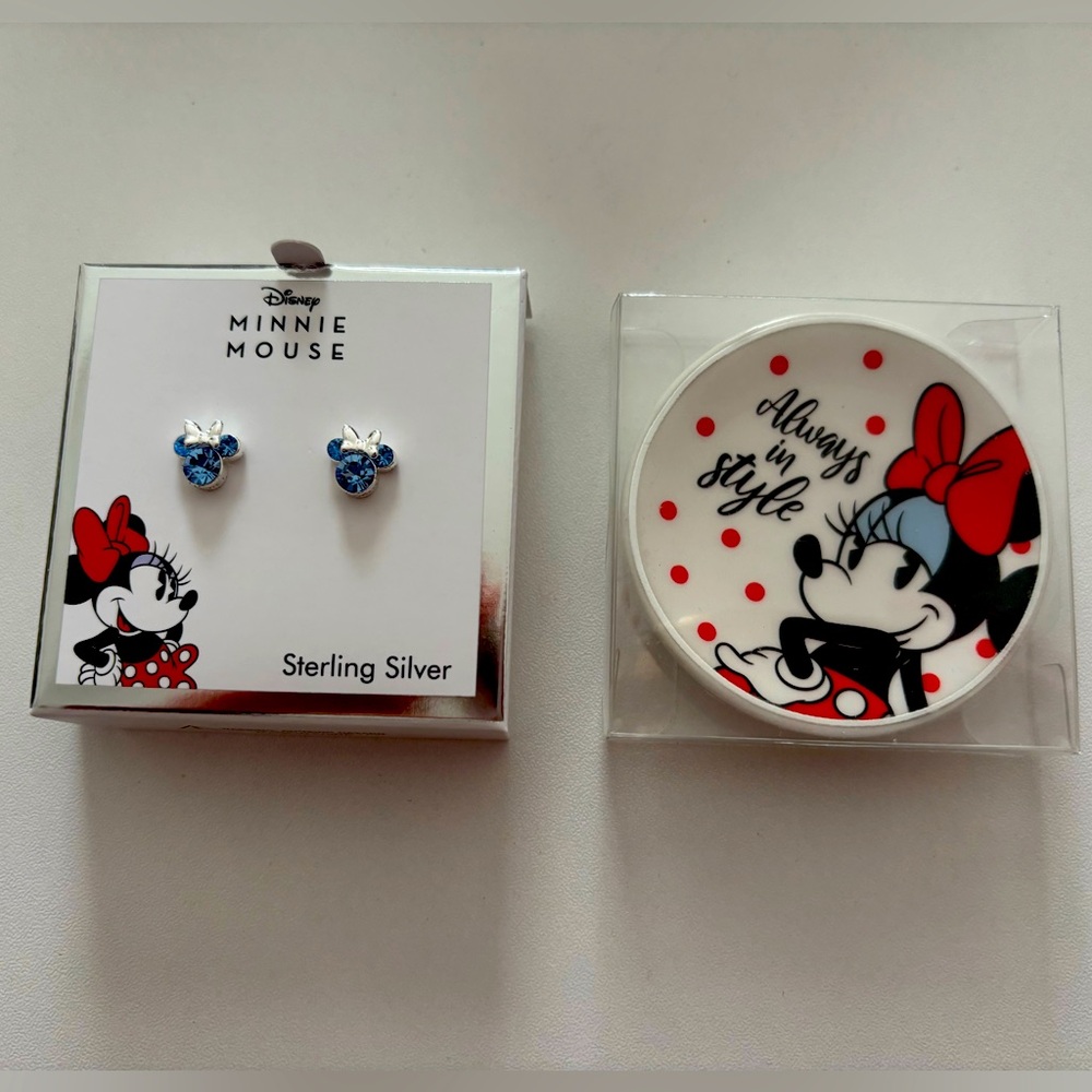 Brand New! Disney Minnie Mouse Sterling Silver Earrings and Dish Set